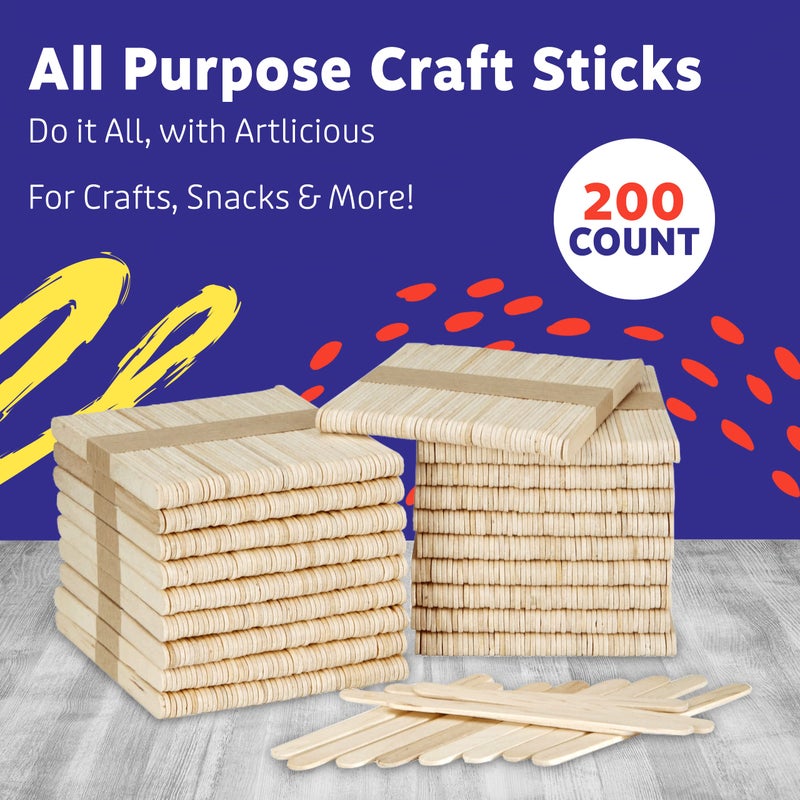 Artlicious 200 Pcs Wooden Craft Sticks â€“ Food-Grade Popsicle Sticks for Crafts & ice Cream Sticks â€“ Wooden Sticks for Crafts, Wood Craft Sticks, Popsicle Sticks Bulk (Natural, 4" x 0.5" x 4.5") - Image 2
